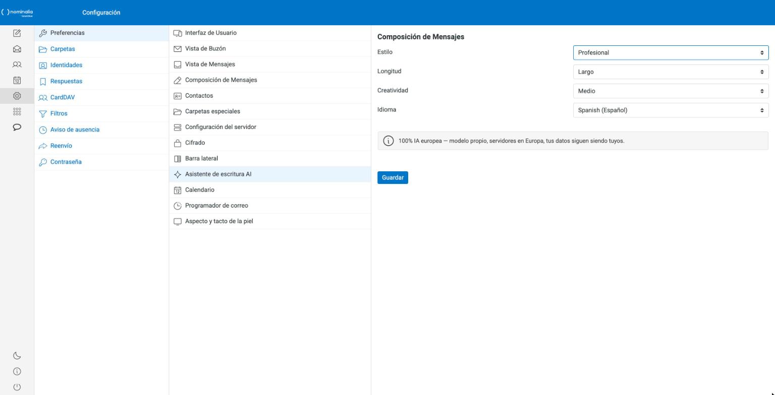 Captura real del submenú Asistente de escritura AI de las preferencias del webmail