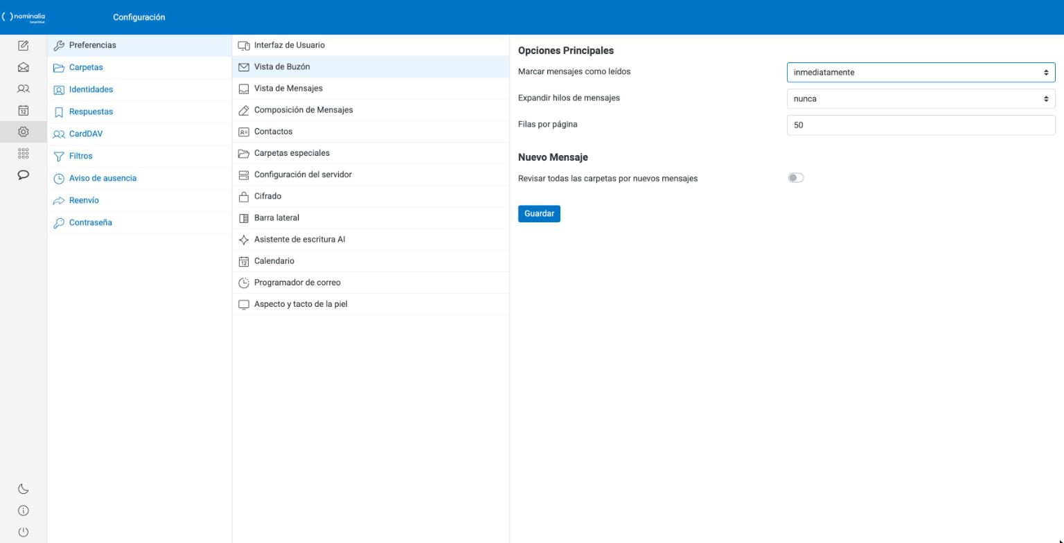 Captura real del submenú Vista de Buzón de las preferencias del webmail