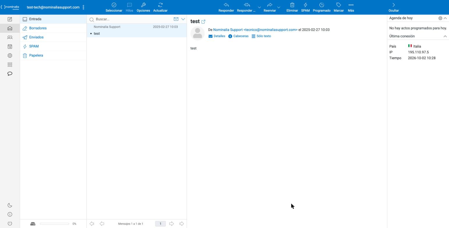 Captura real de la Entrada del webmail con carpetas, lista de mensajes, panel de lectura y barra lateral