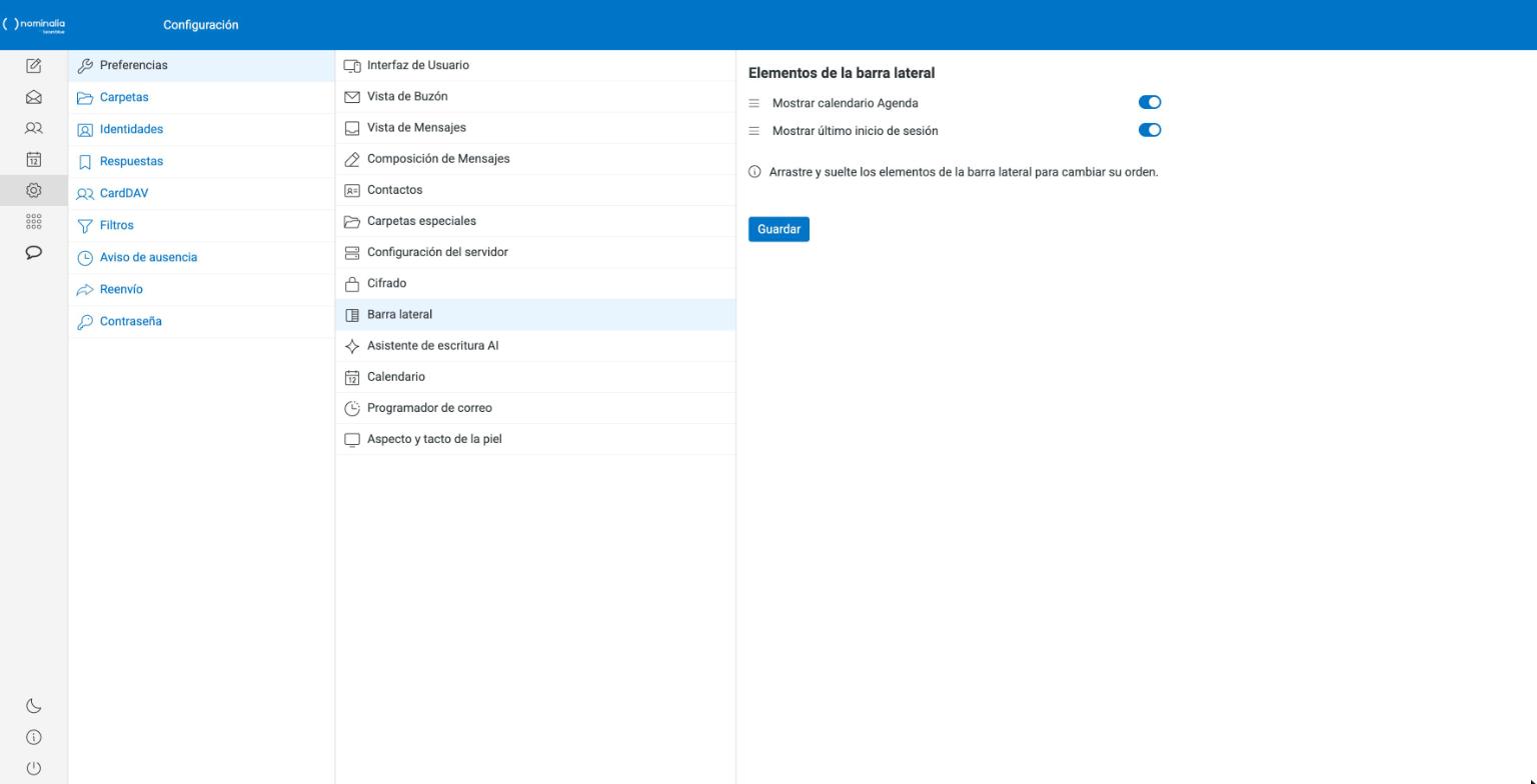 Captura real del submenú Barra lateral de las preferencias del webmail