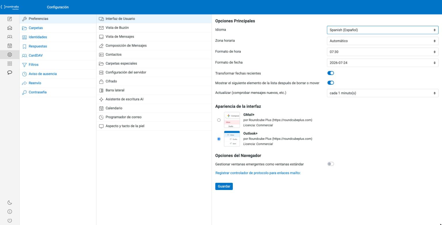 Captura real del submenú Interfaz de Usuario de las preferencias del webmail