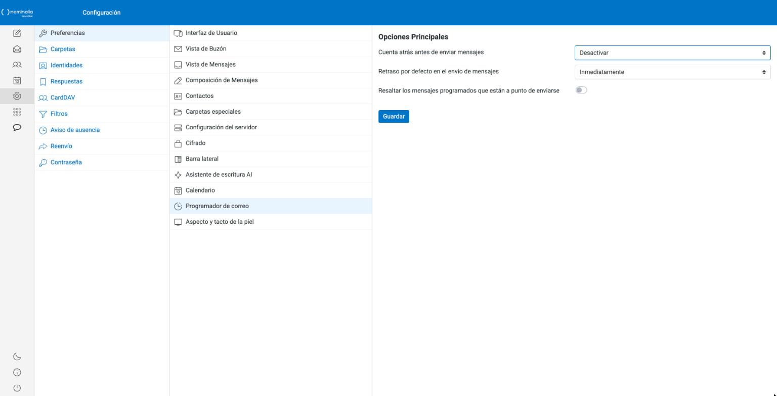 Captura real del submenú Programador de correo de las preferencias del webmail