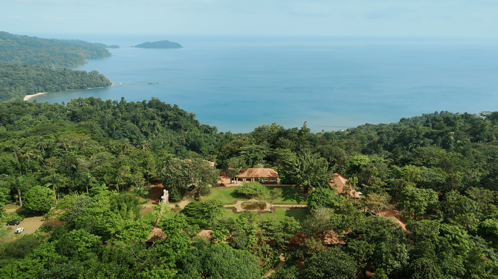 Aerial view of the Belo Monte estate with Banana Beach below on Príncipe