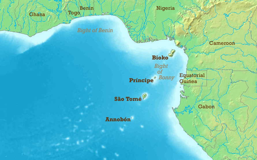 Map showing São Tomé, Príncipe, Annobón, and Bioko in the Gulf of Guinea, part of the Cameroon Volcanic Line