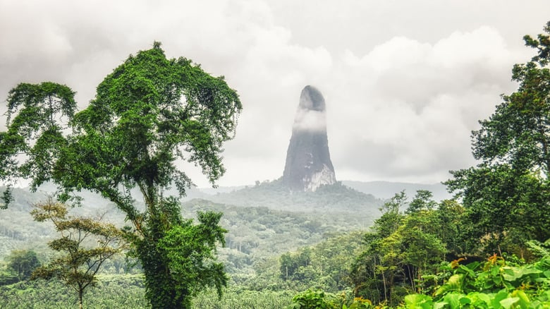 Pico Cão Grande rising through the mist above São Tomé's rainforest