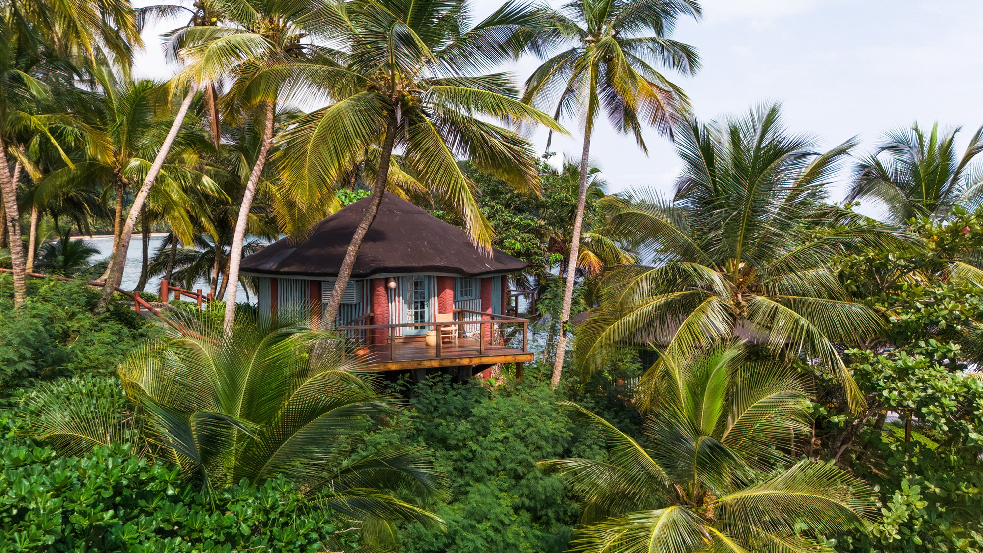 Thatched-roof bungalow surrounded by palm trees in the tropical gardens at Bom Bom on Príncipe