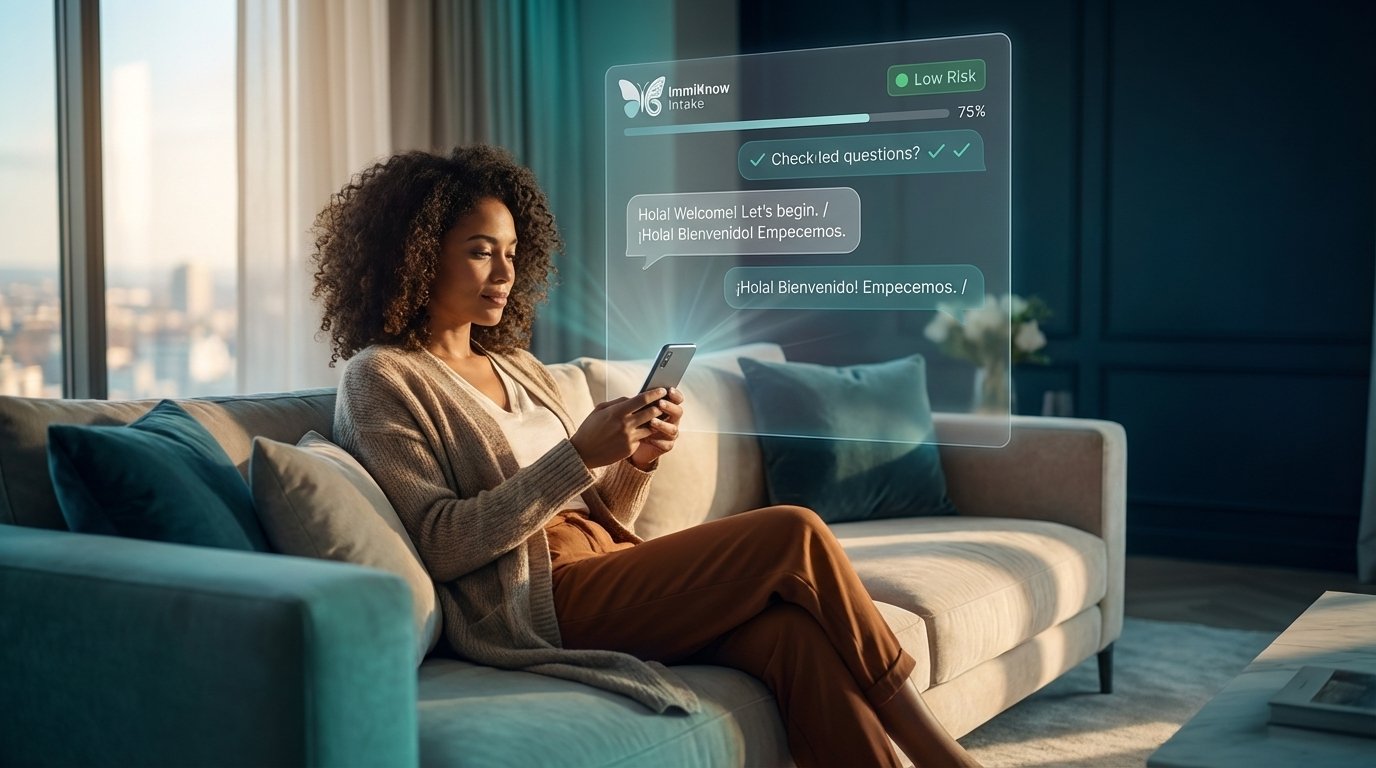 Client completing bilingual immigration intake on her phone showing low-risk assessment