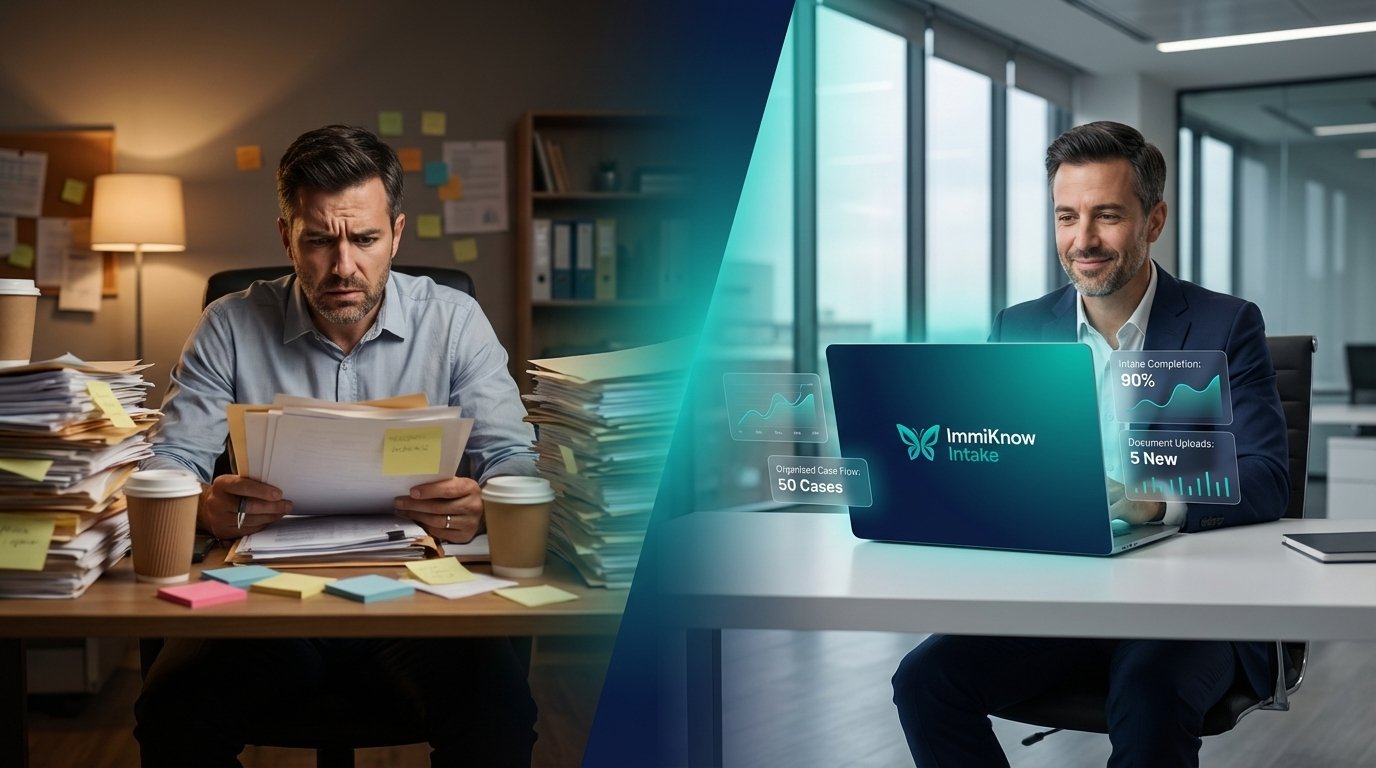 From stressed consultant with paperwork to confident professional using ImmiKnow dashboard