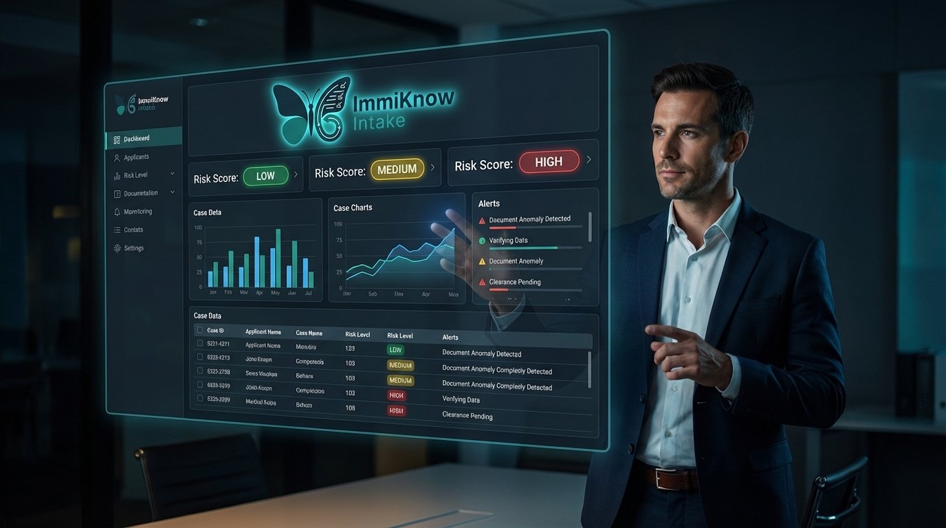 Holographic risk score dashboard showing Green, Yellow, Red client assessments