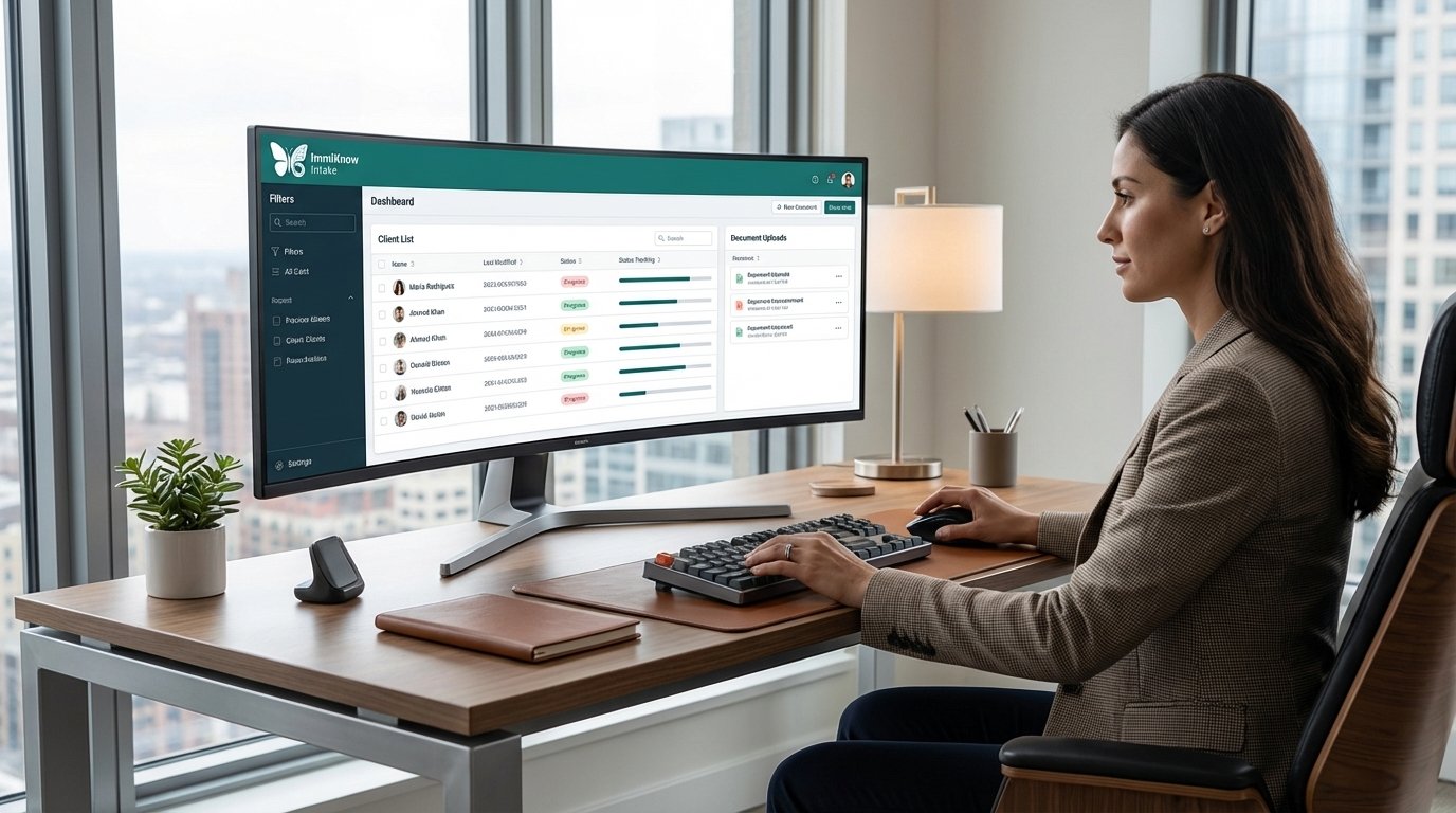 Immigration consultant reviewing the ImmiKnow dashboard at her desk