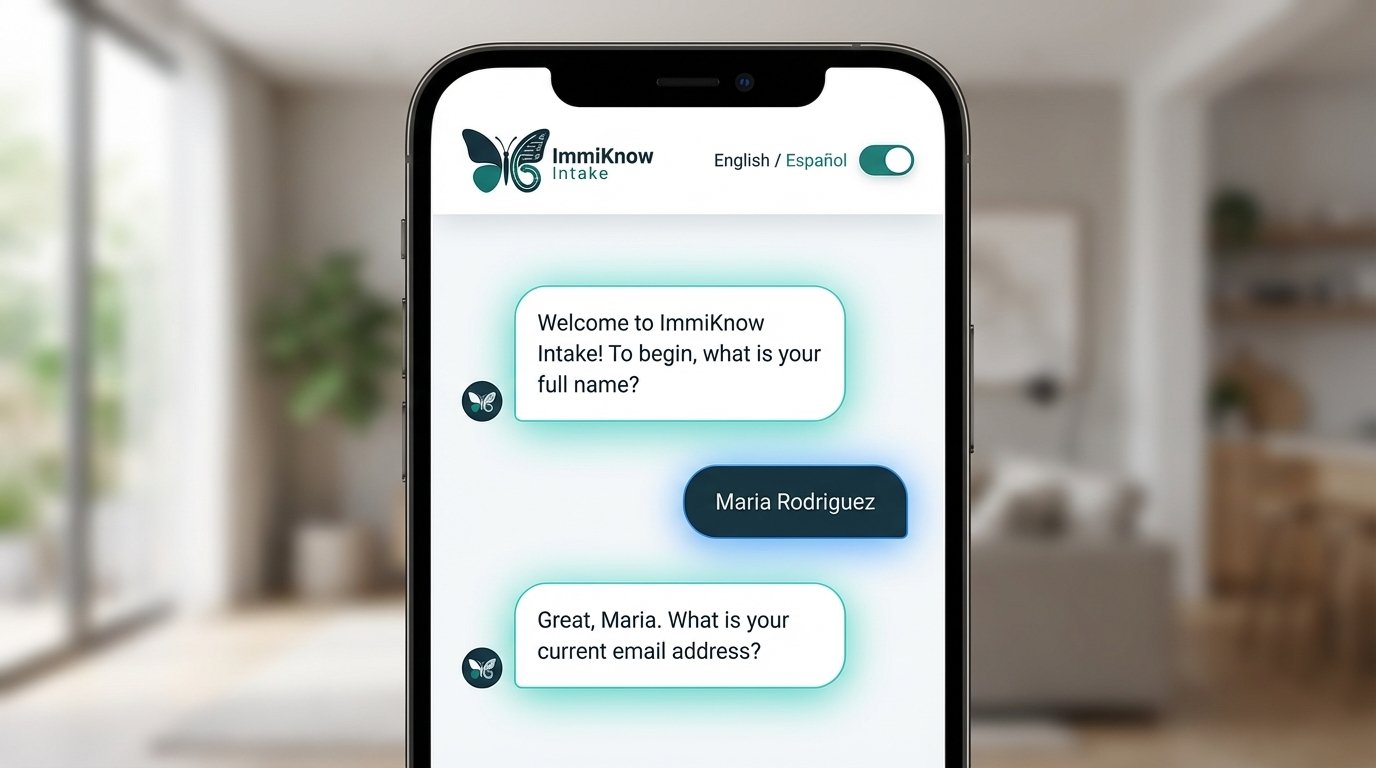 ImmiKnow Intelligent Intake chat UI on mobile phone showing client conversation