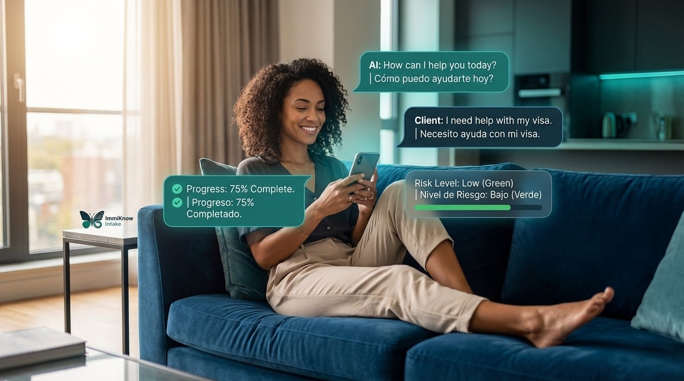 AI-powered bilingual intake chat with risk score overlays showing 75% progress on mobile