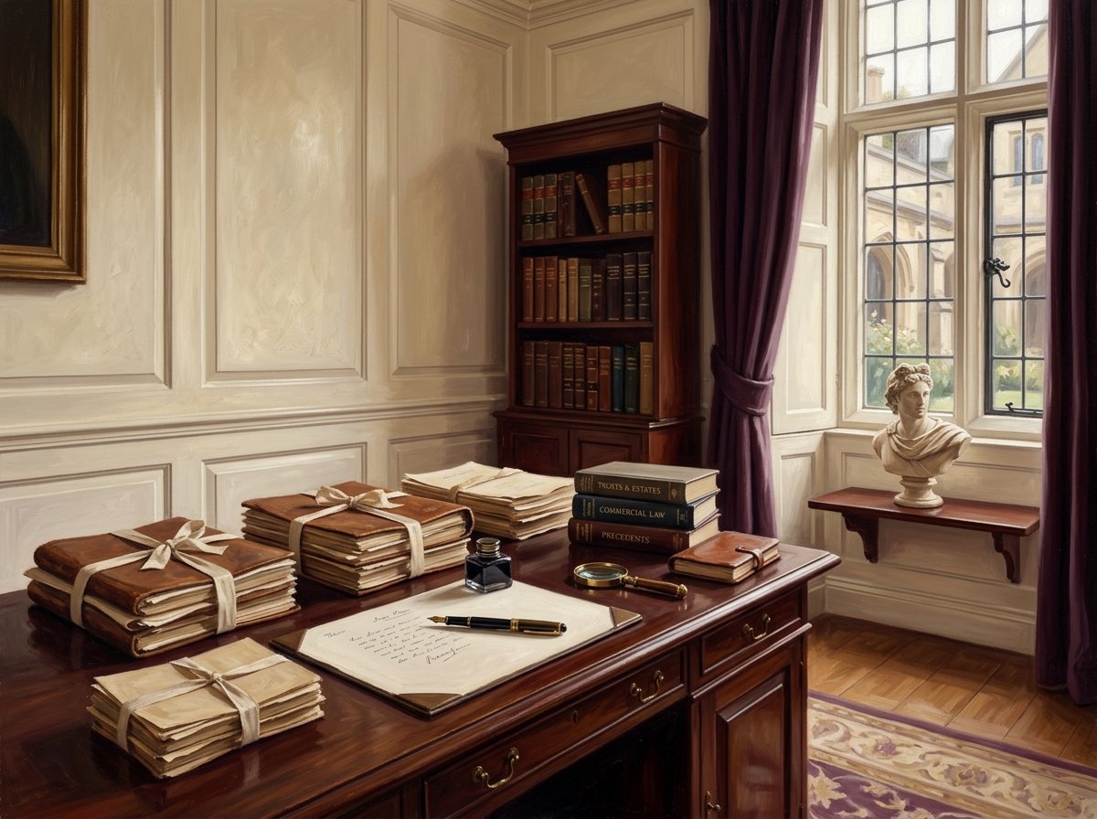 Premium legal workspace with warm lighting