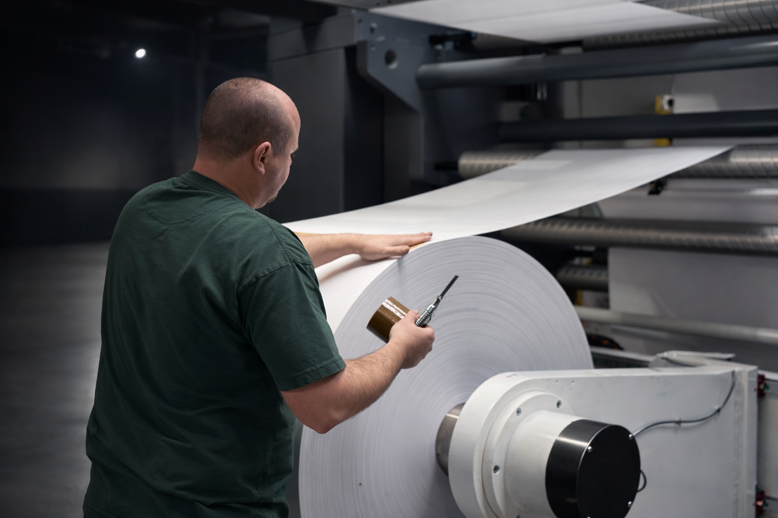 Obsluha zakládá papírovou roli