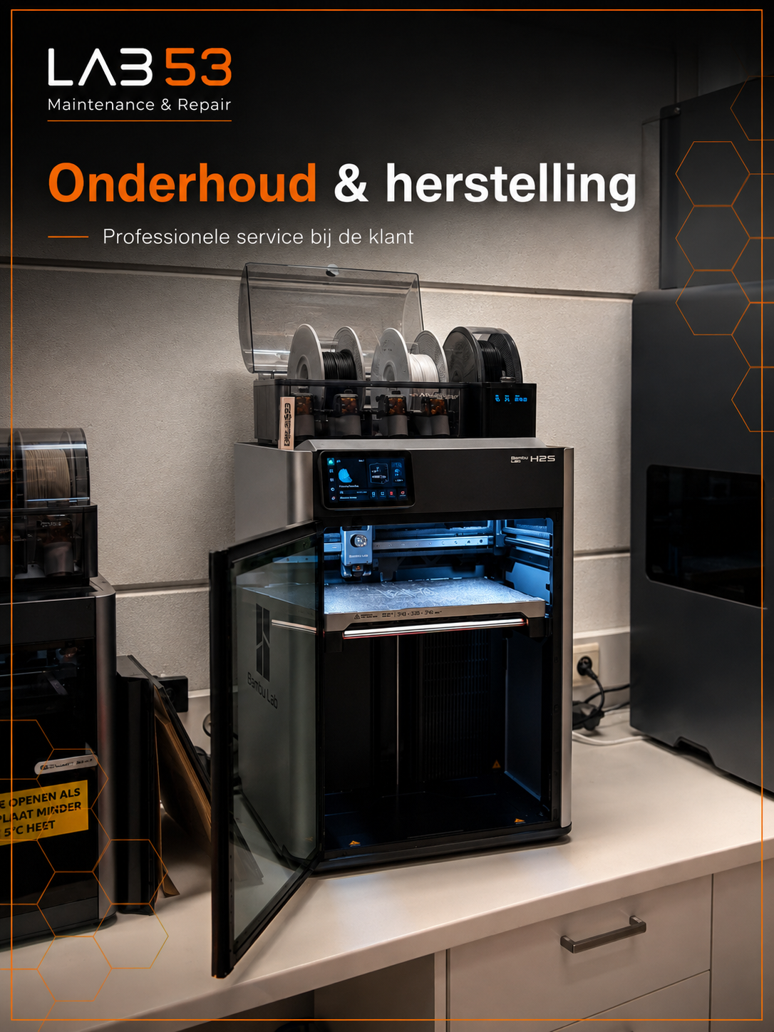 Bambu Lab H2S met AMS 2 Pro tijdens de servicebeurt bij Deltalight