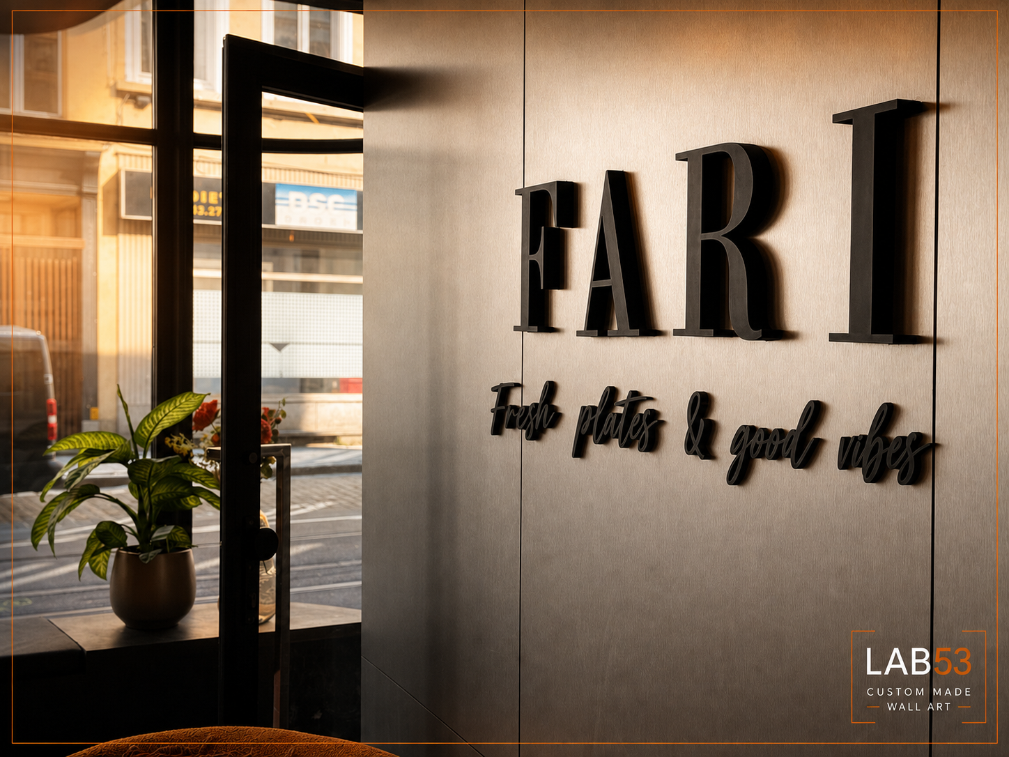 Custom 3D geprint logo voor Fari — detailopname 2