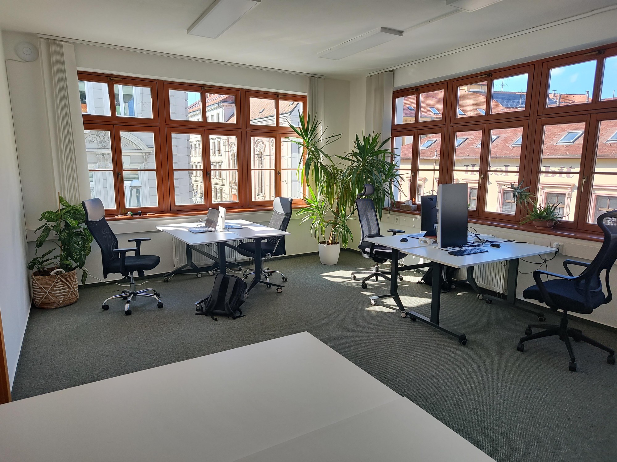 Rohový open space coworking prostor s přirozeným světlem a pohodlným pracovním prostředím