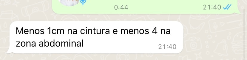 Feedback cliente — menos 1cm cintura e 4 abdominal