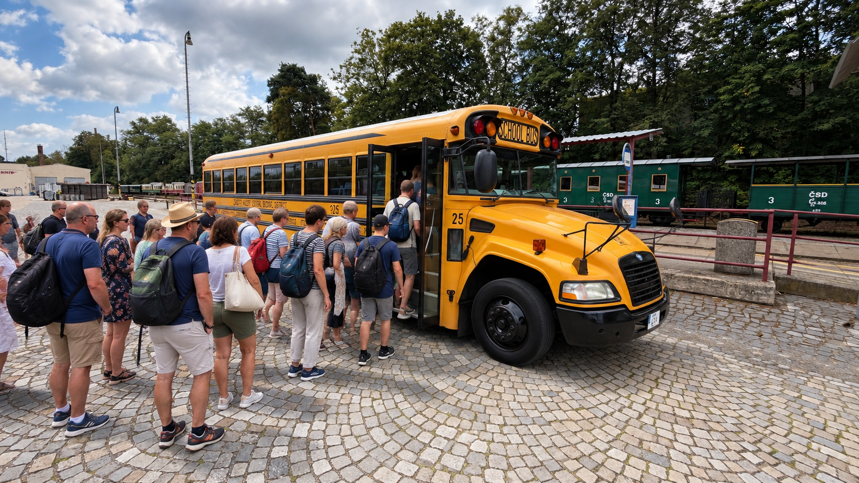 Cestující nastupují do busu na výletu