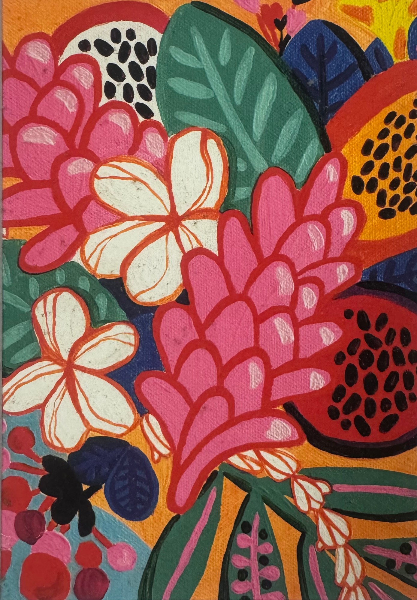 Vibrant Hawaiian tropical art — plumeria and tropical leaves