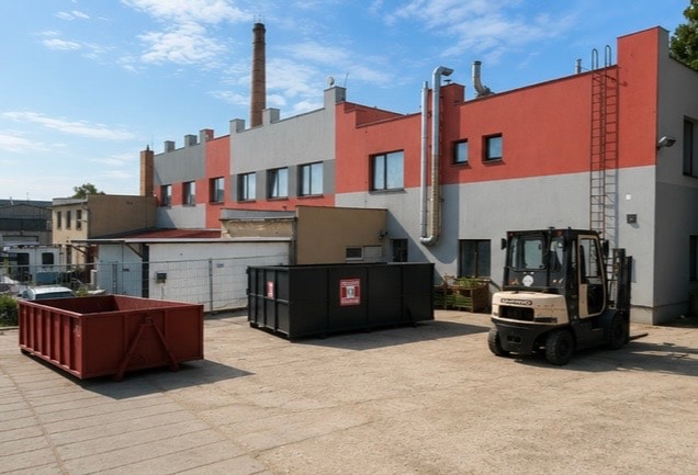 Naše provozovna Kovošrot Vídeňská Brno – areál s kontejnery a vysokozdvižným vozíkem