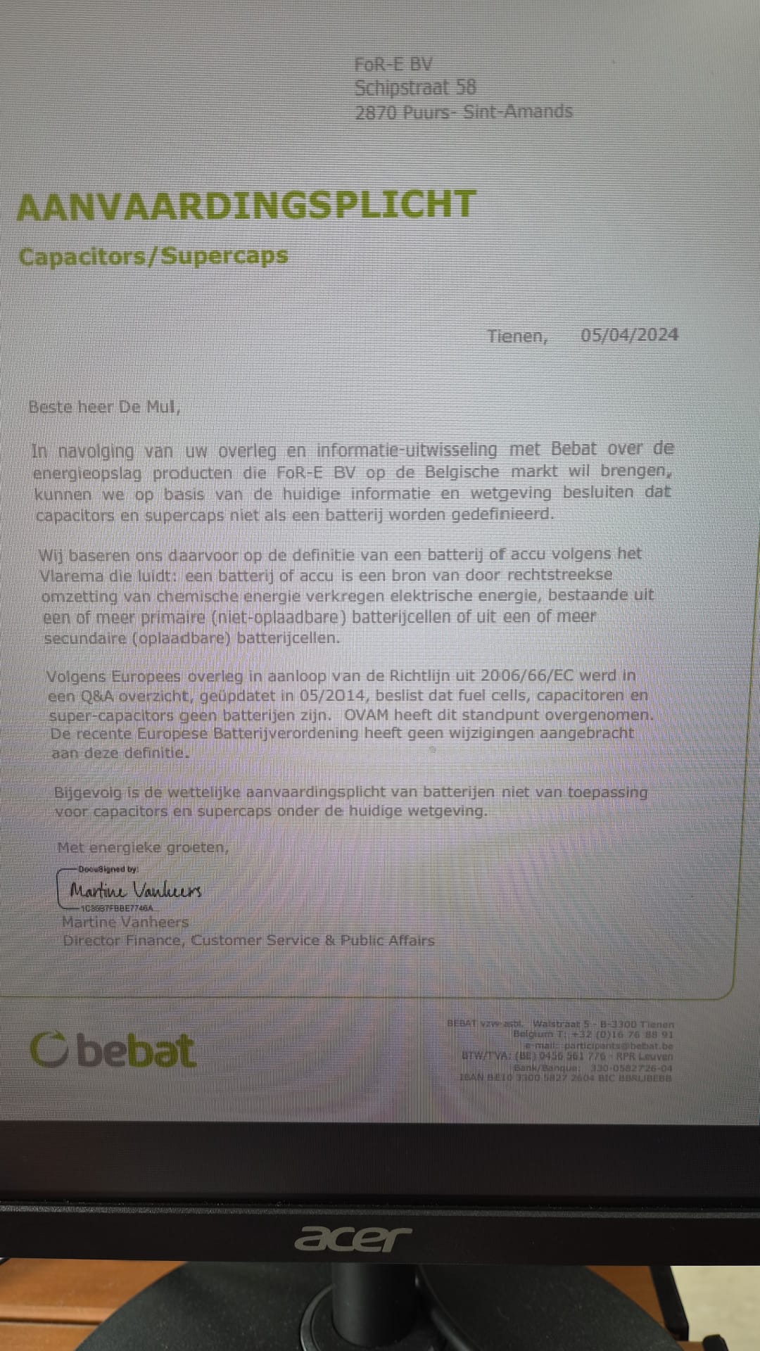 Aangeleverde Bebat-brief over de Belgische aanvaardingsplicht voor capacitors en supercaps