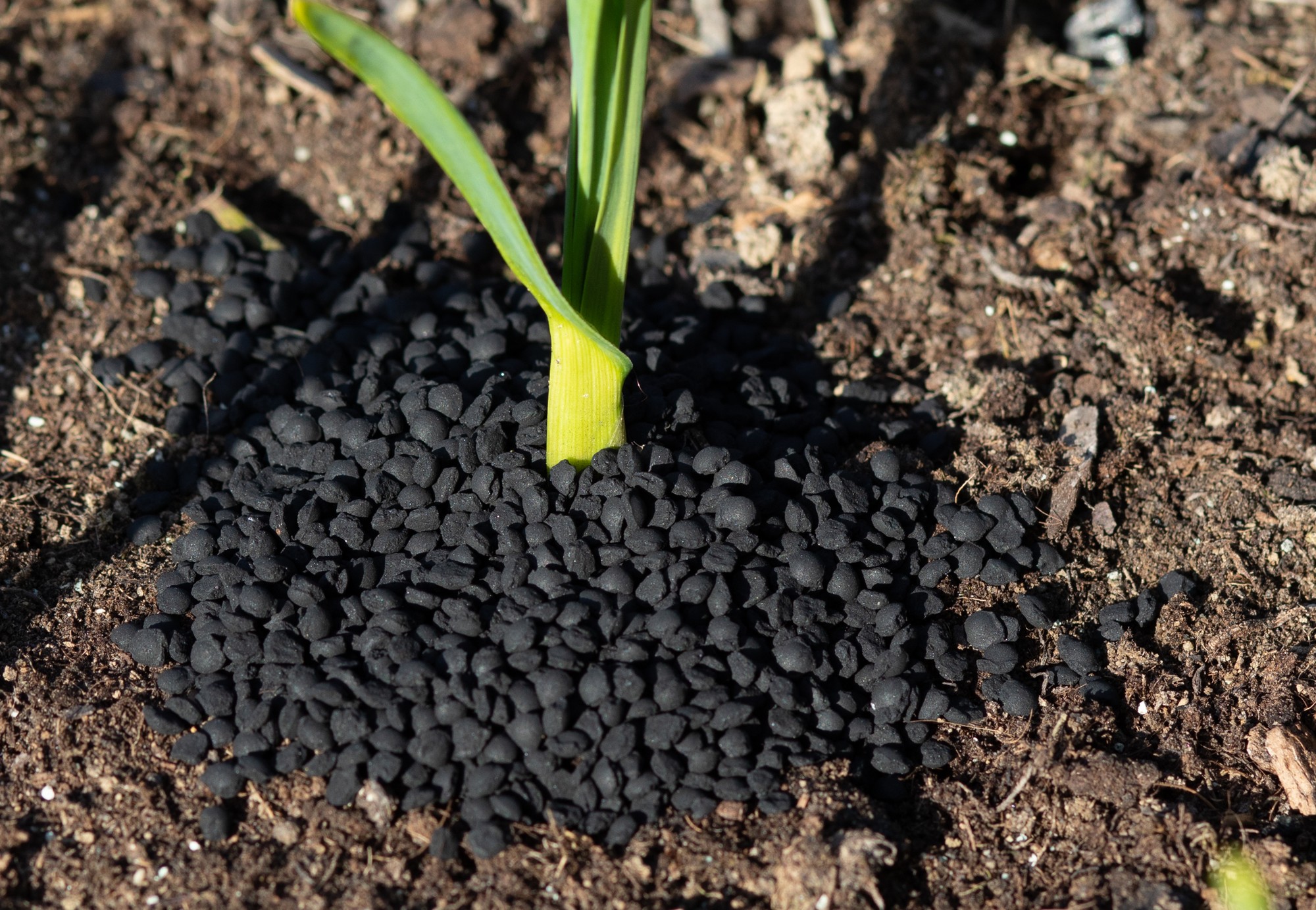 Pile of black MicroCHAR® granulate on a light background