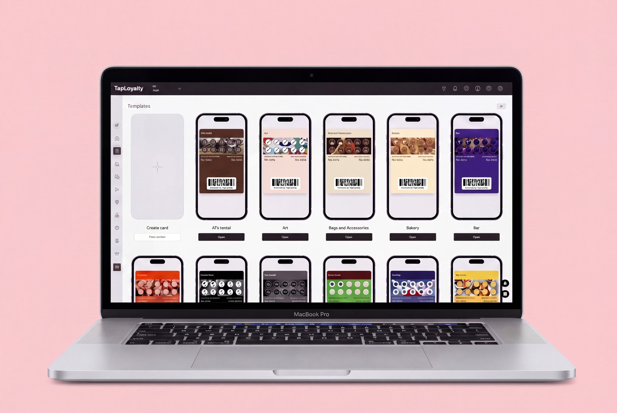 Taployalty dashboard showing loyalty card templates for businesses