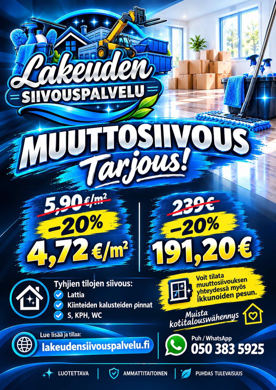 Lakeuden Siivouspalvelun muuttosiivoustarjous: 4,72 €/m² ja 191,20 € minimiveloitus