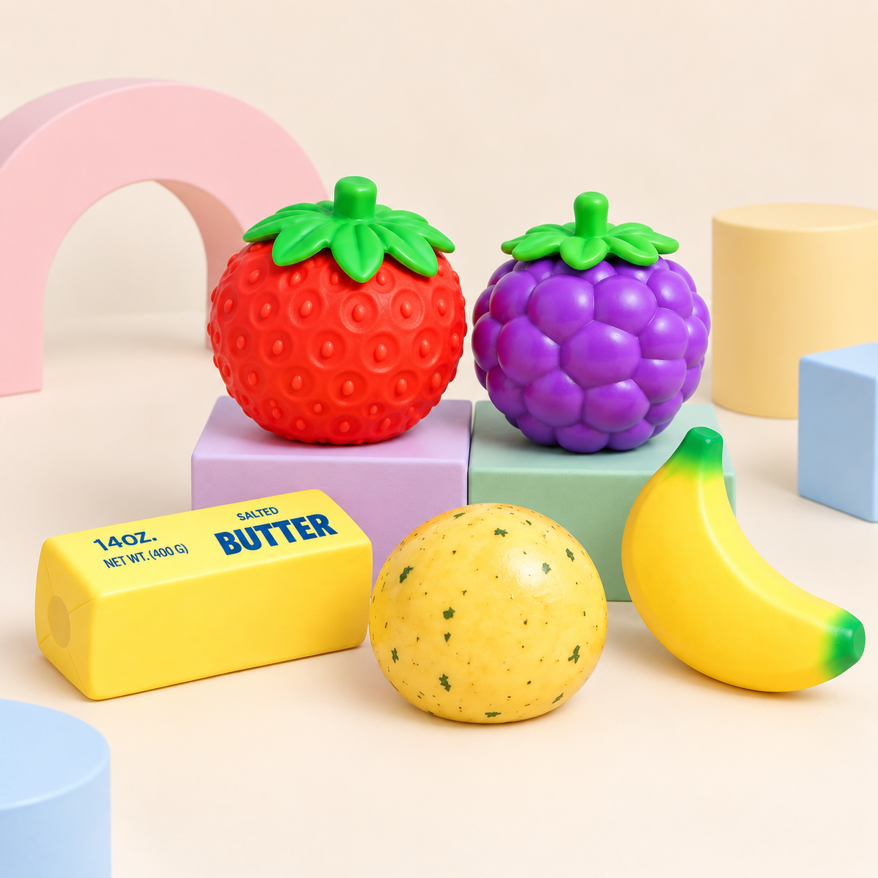 Colorful squishy toys including strawberry, blackberry, butter, banana, and melon on pastel blocks
