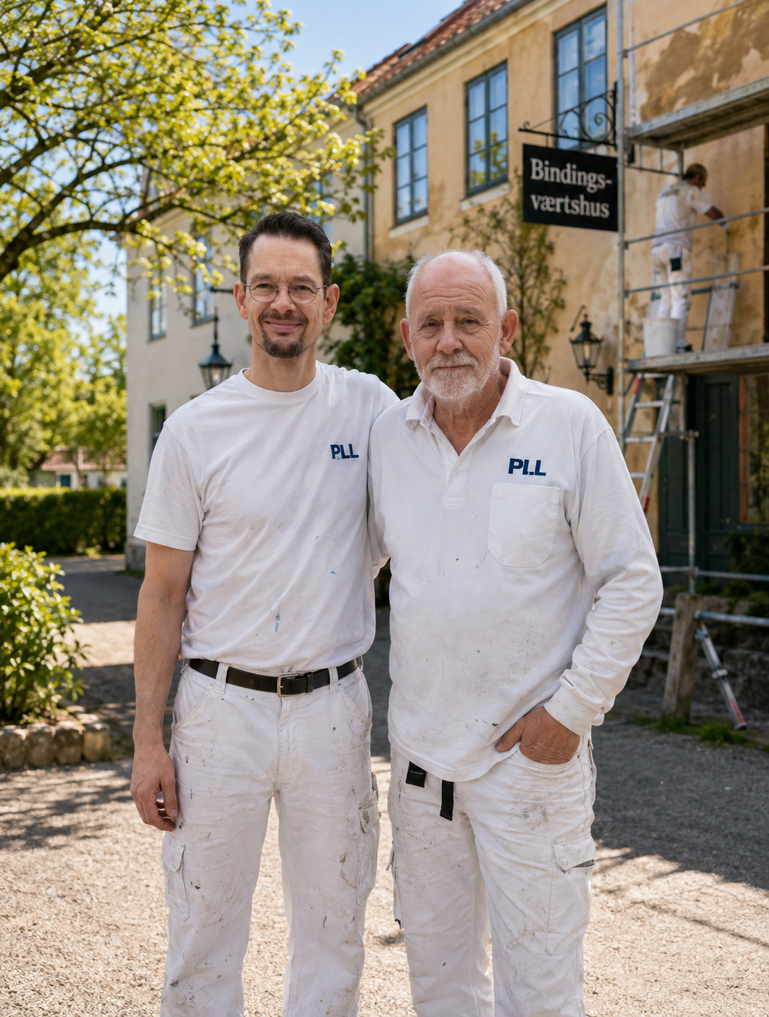 Maler i hvidt arbejdstøj arbejder koncentreret på et loft