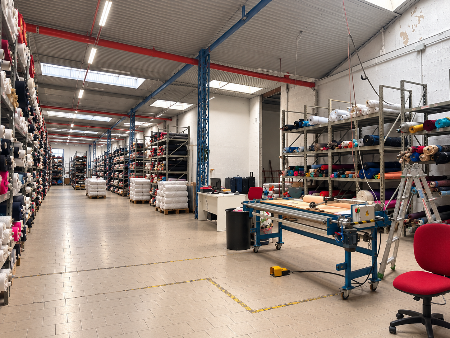 Magazzino tessile industriale Seretex con rotoli di tessuto organizzati