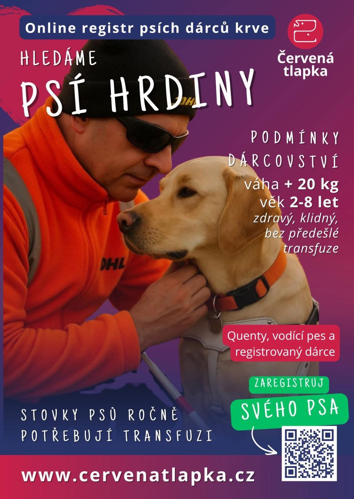 Plakát kampaně Červená tlapka s Quentym, vodicím psem, a jeho psovodem v oranžové mikině