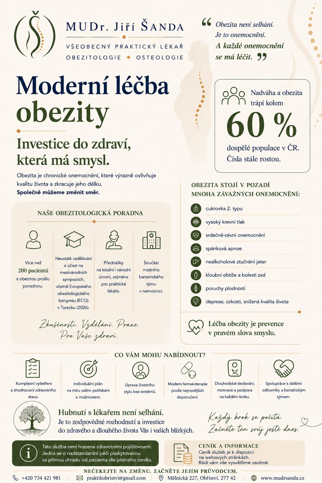 Informace k moderní léčbě obezity: obezita není selhání, je to onemocnění, které se má léčit; přehled souvisejících onemocnění a péče, kterou poradna nabízí