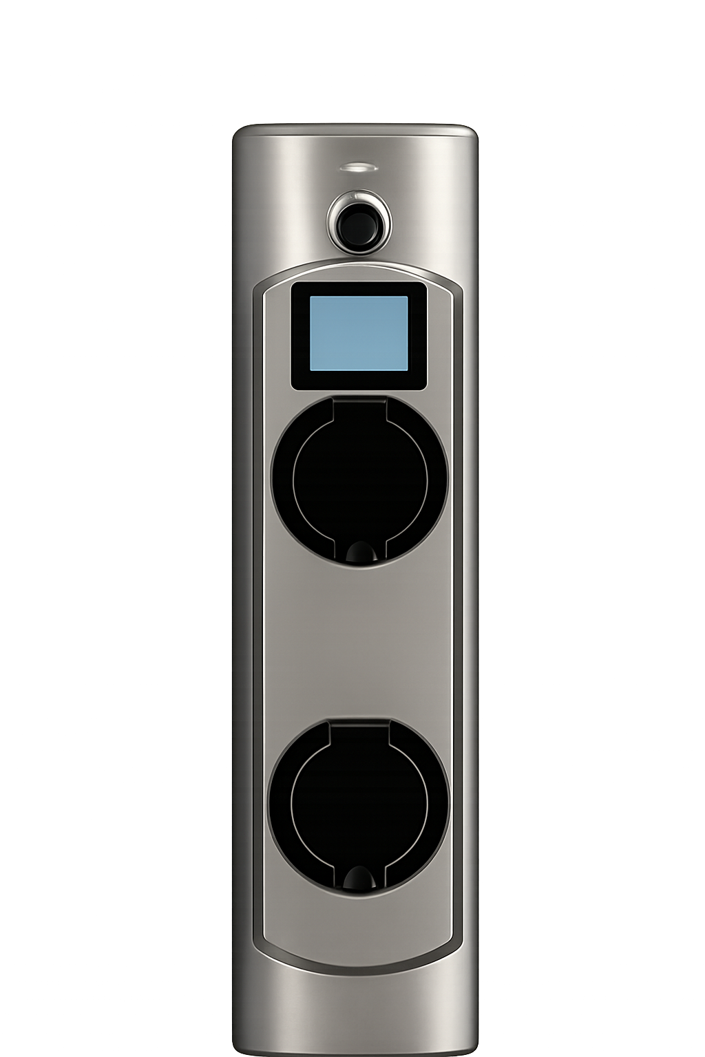 Nabíjecí modul s duálními Typ 2 konektory a LCD displejem – čelní pohled