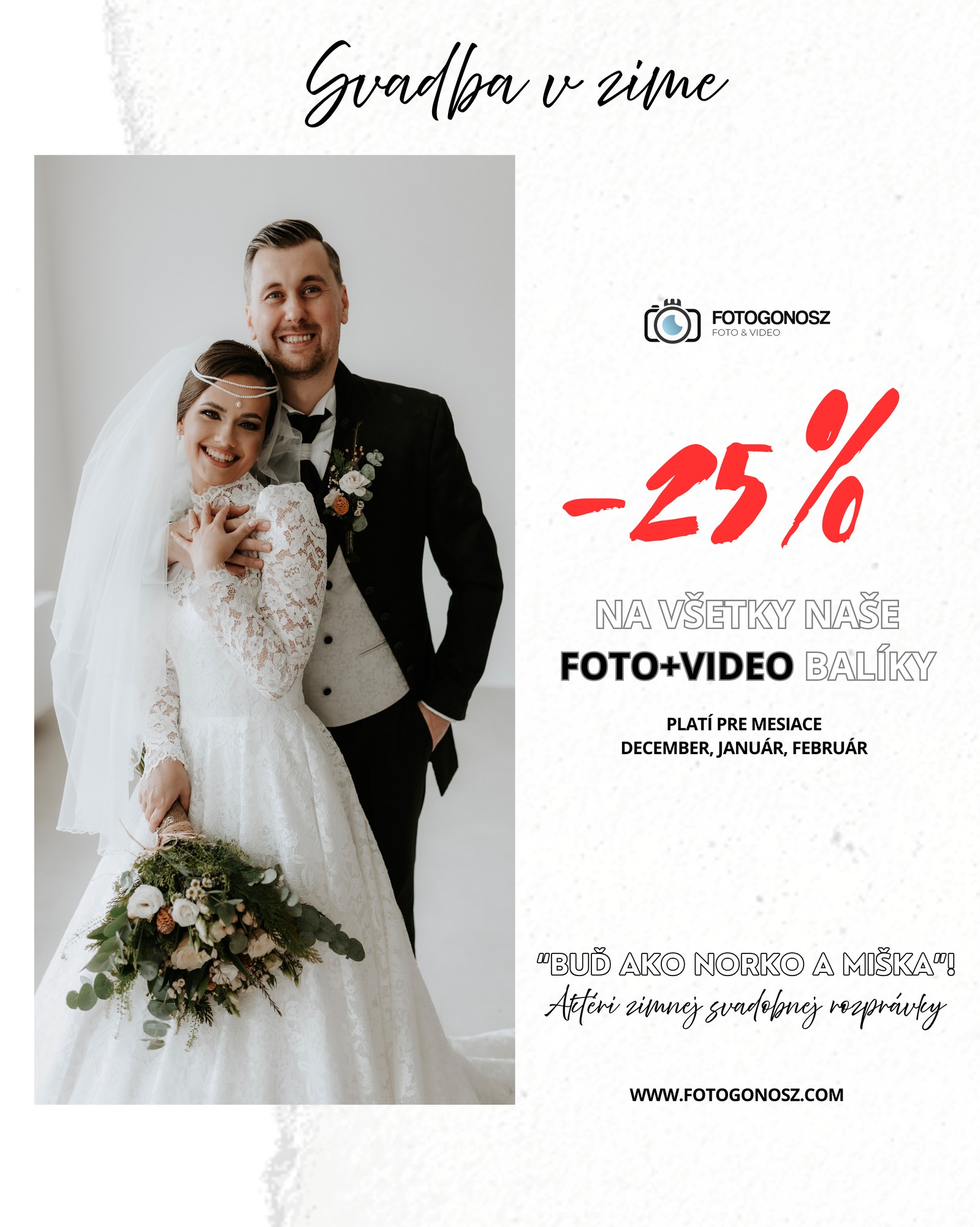 Zimná svadba so zľavou 25 percent na foto a video balíky