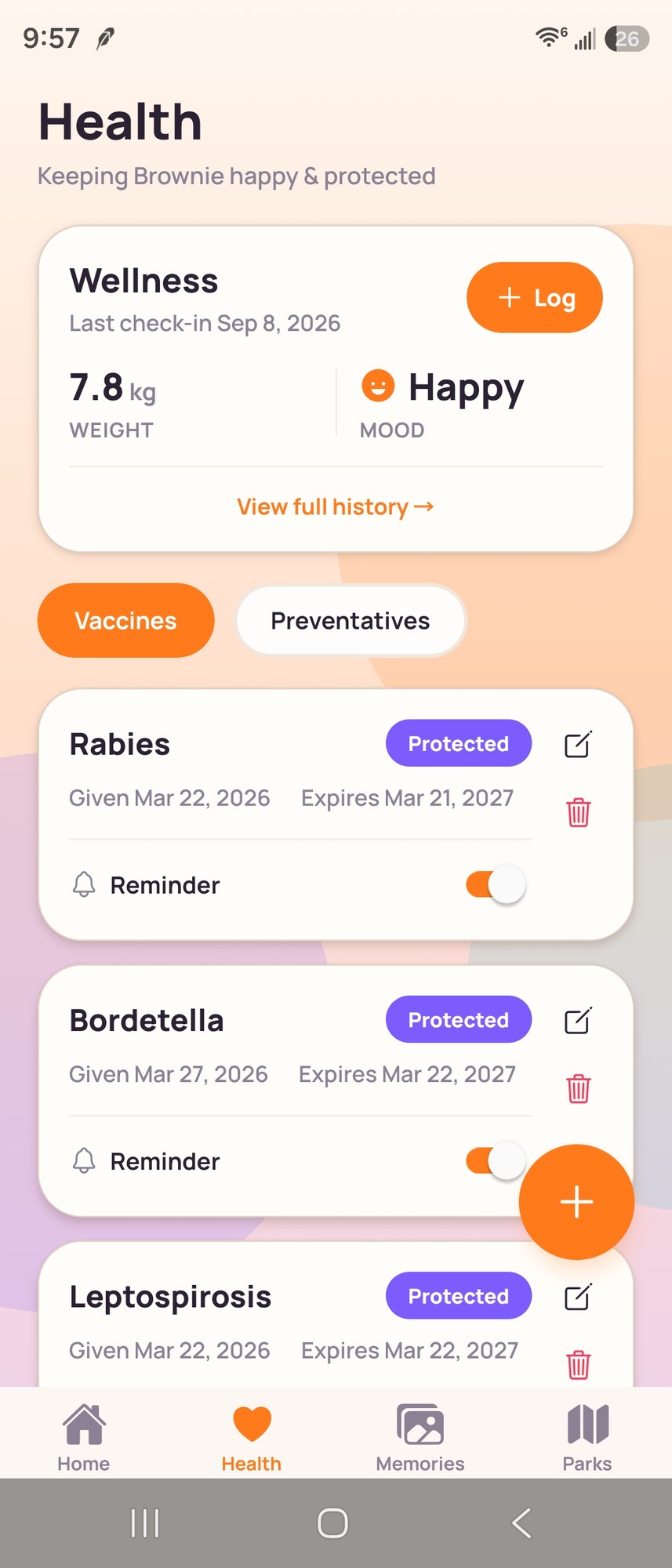Brownsy Health showing Wellness 7.8 kg Happy mood and Vaccines — Rabies, Bordetella, Leptospirosis protected