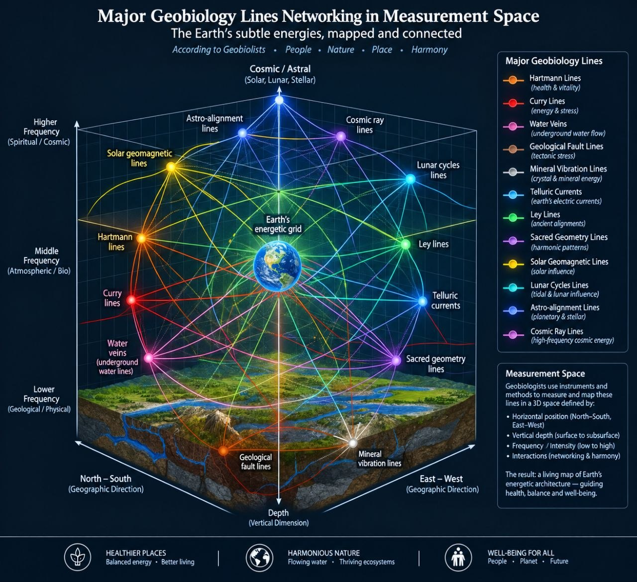 Major Geobiology Lines Networking in Measurement Space — the Earth's subtle energies, mapped and connected, showing Hartmann lines, Curry lines, water veins, geological faults, mineral vibration lines, telluric currents, ley lines and sacred geometry lines
