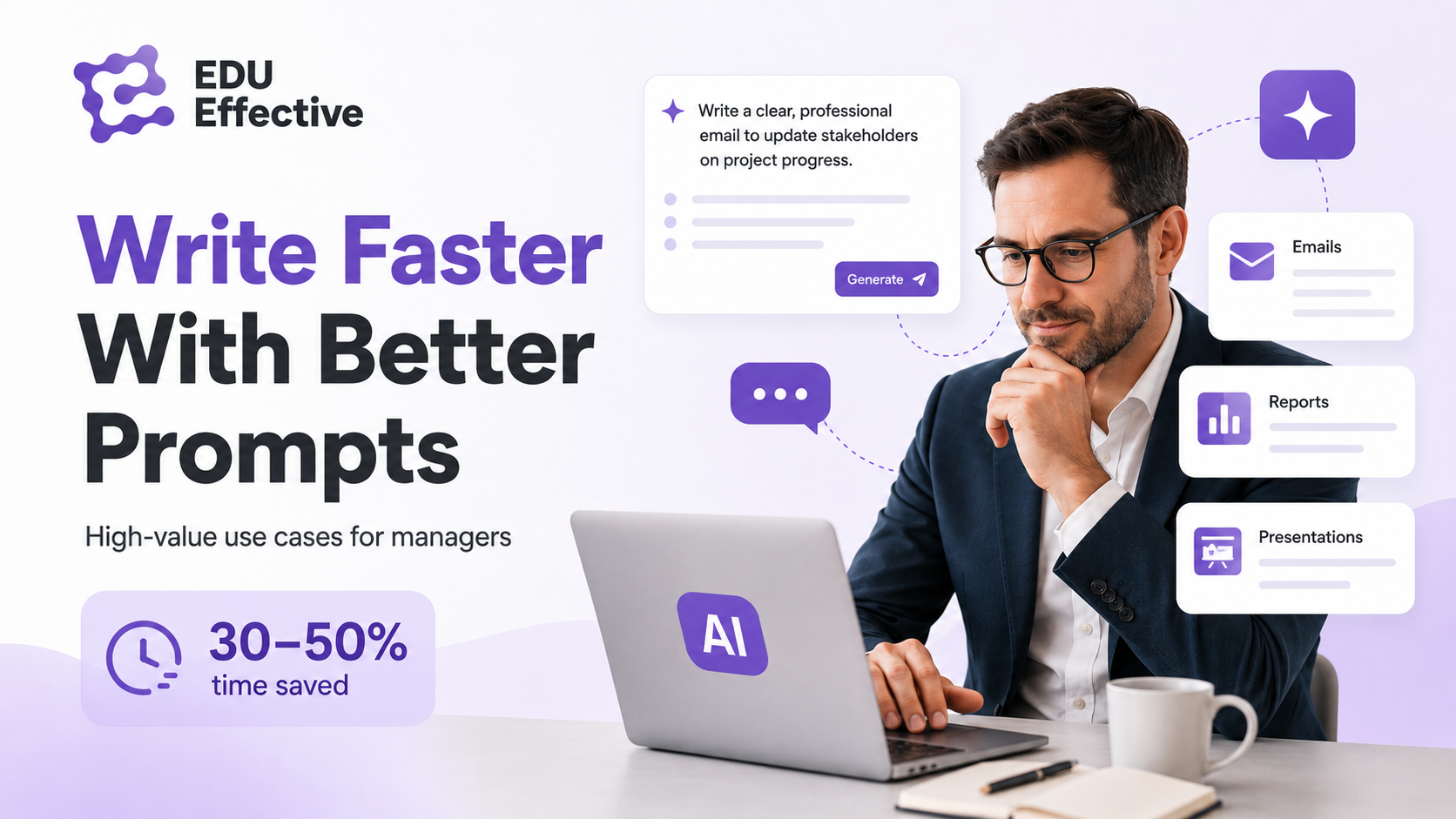 Write faster with better prompts — high-value use cases for managers: emails, reports, and presentations are the fastest-return applications of AI prompting; a clear, professional prompt such as 'write a clear, professional email to update stakeholders on project progress' with context and constraints produces immediately usable drafts; managers with refined prompt templates reduce time spent on common writing tasks by 30-50% (Noy & Zhang, Science: AI-assisted writing 40% faster at 18% higher quality)
