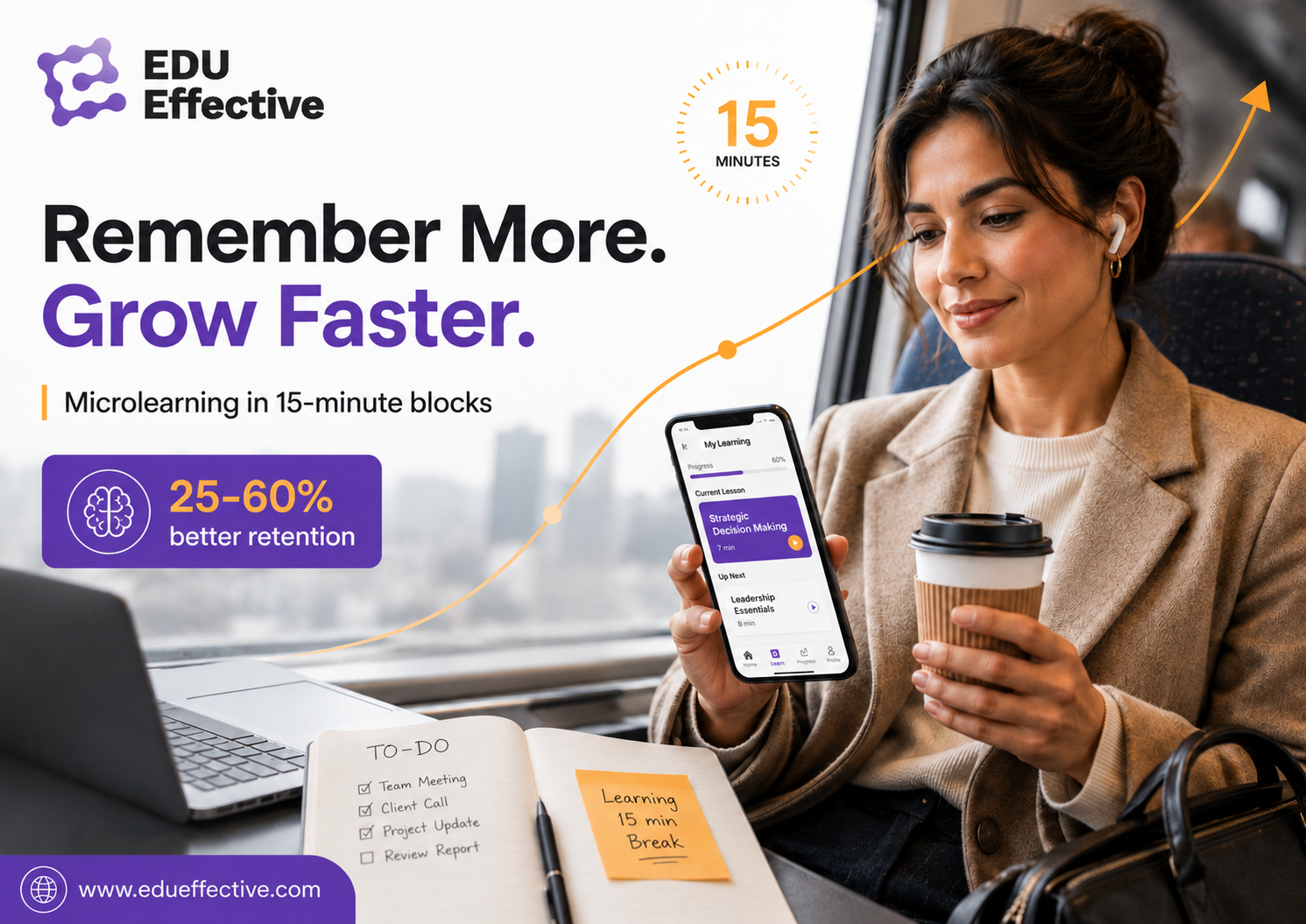 Professional completing a 15-minute microlearning block on their phone during a coffee break