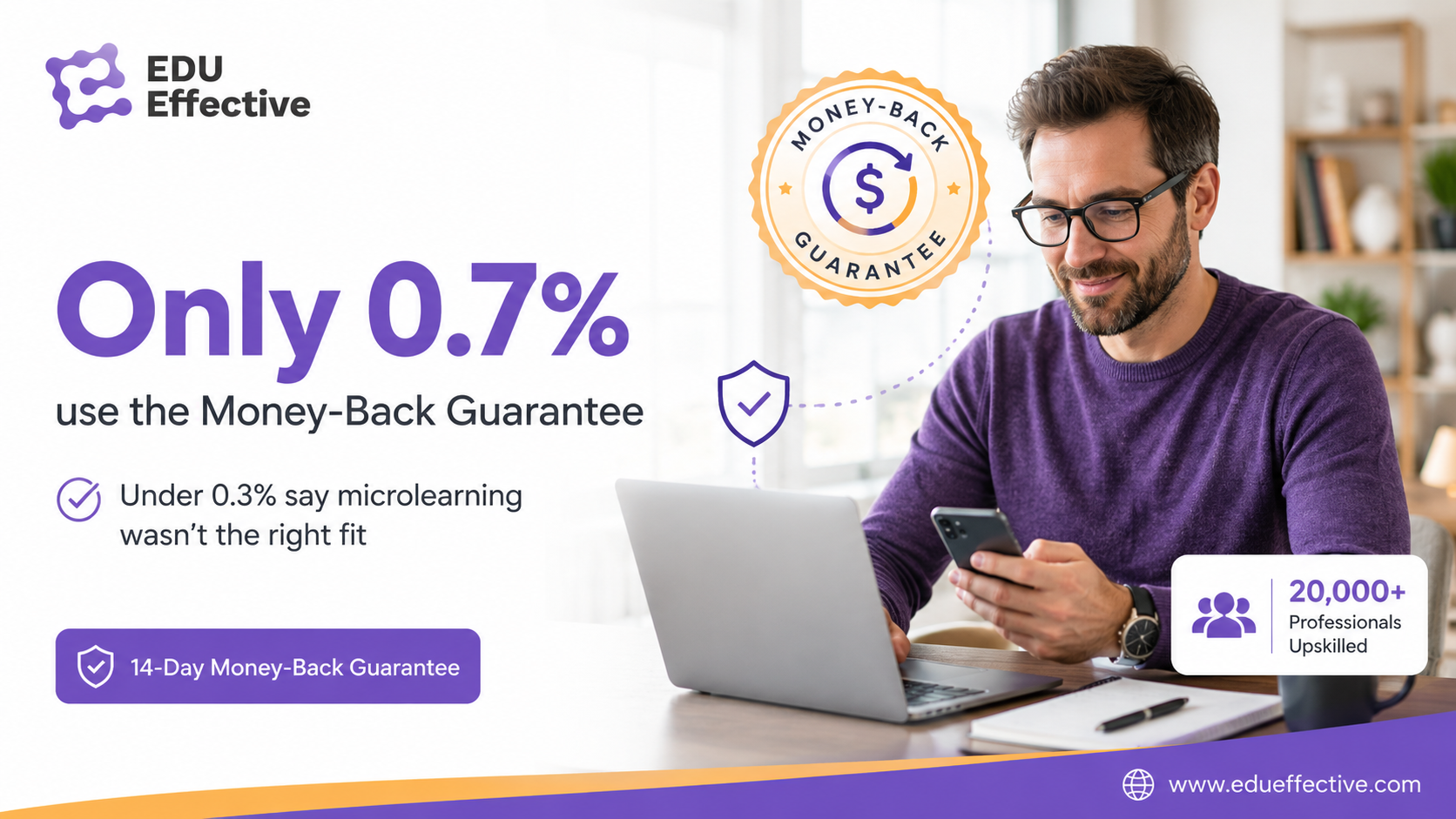Student completing an online MBA course with a 14-day money-back guarantee — low risk, high completion