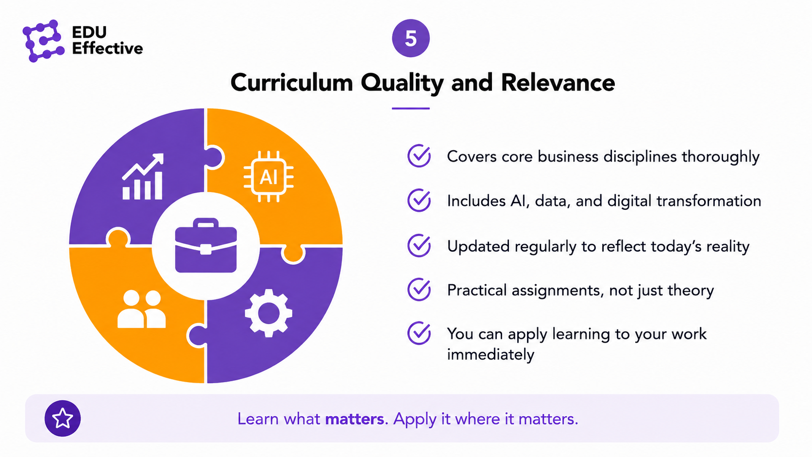 Curriculum quality and relevance: covers core business disciplines thoroughly, includes AI data and digital transformation, updated regularly to reflect today's reality, practical assignments not just theory, you can apply learning to your work immediately