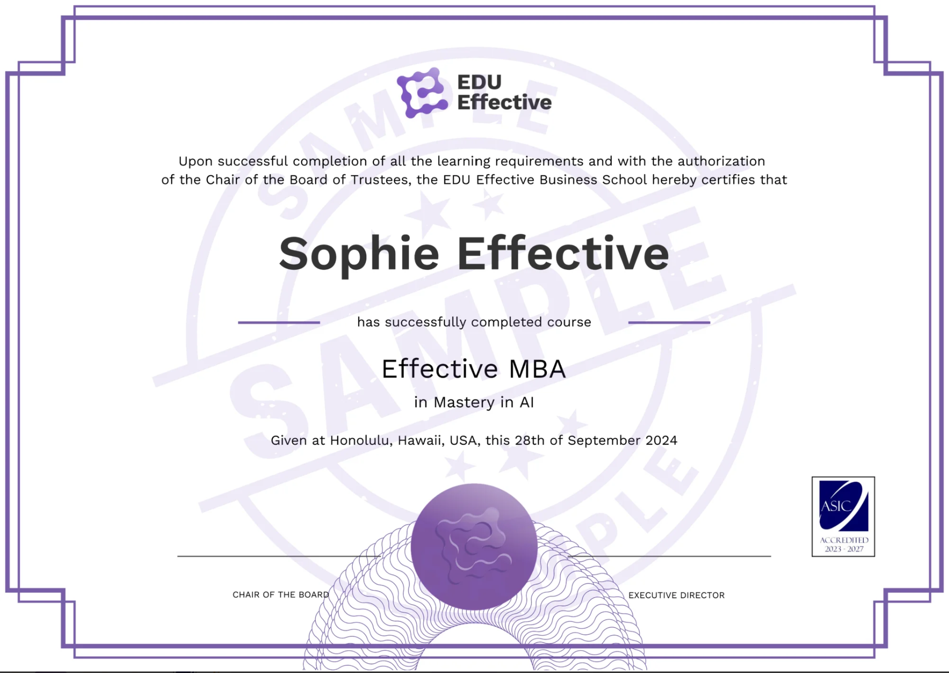 EDU Effective Effective MBA certificate — sample ASIC-accredited certificate awarded upon successful completion of the Effective MBA program