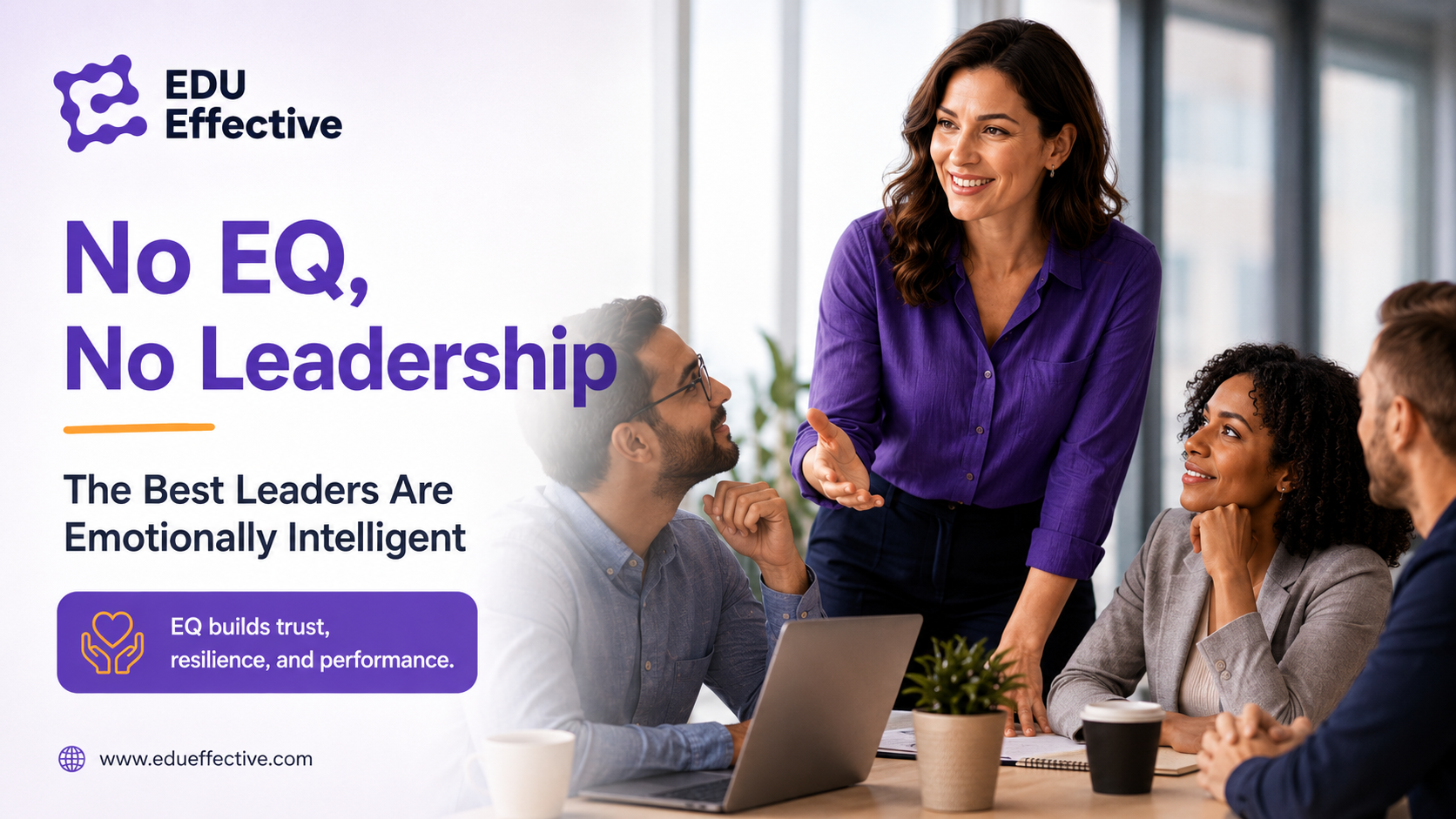Leader in a team meeting demonstrating emotional intelligence β calm, attentive, trusted
