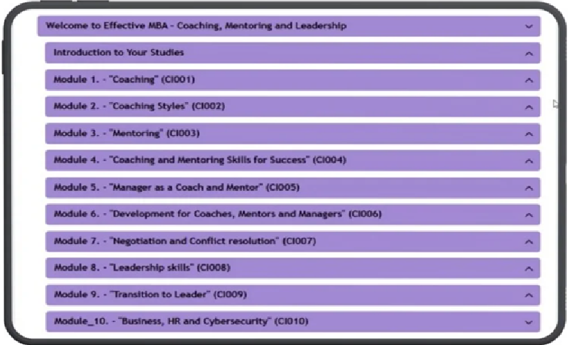 EDU Effective module overview — complete accordion list of all modules inside the Effective MBA: Coaching, Mentoring and Leadership program, showing all 10 subject modules