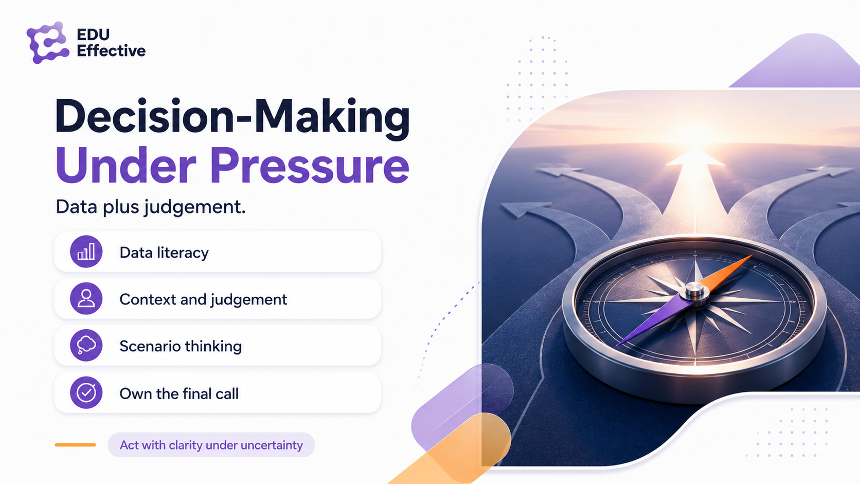 Executive decision-making under pressure and uncertainty — integrating data literacy with human judgement; AI surfaces insights, not decisions; the executive takes final accountability
