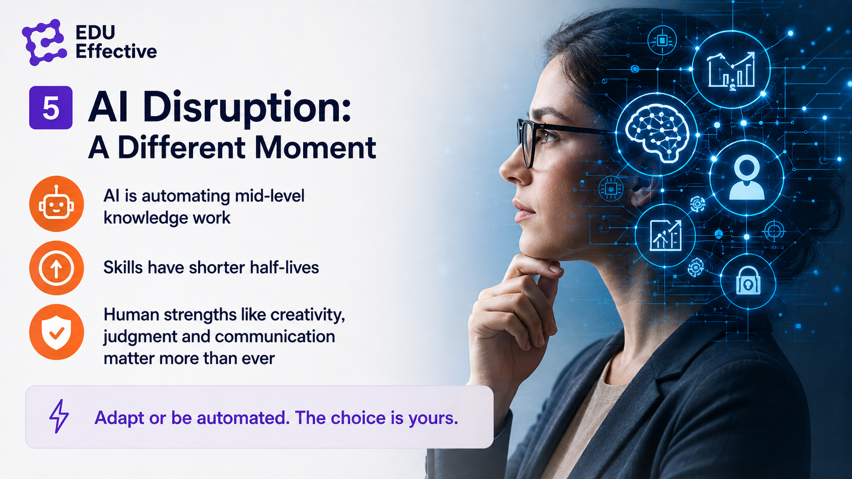 AI disruption context in 2026 — AI restructuring mid-level knowledge work, McKinsey reporting fewer than 40% of companies have a clear reskilling strategy