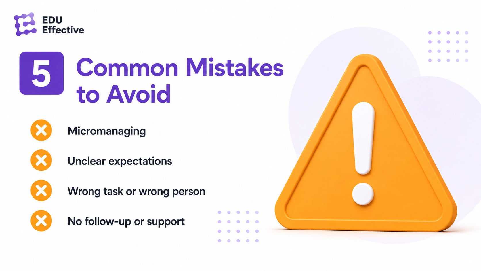 Common delegation mistakes to avoid: micromanaging, unclear expectations, wrong task or wrong person, and no follow-up or support