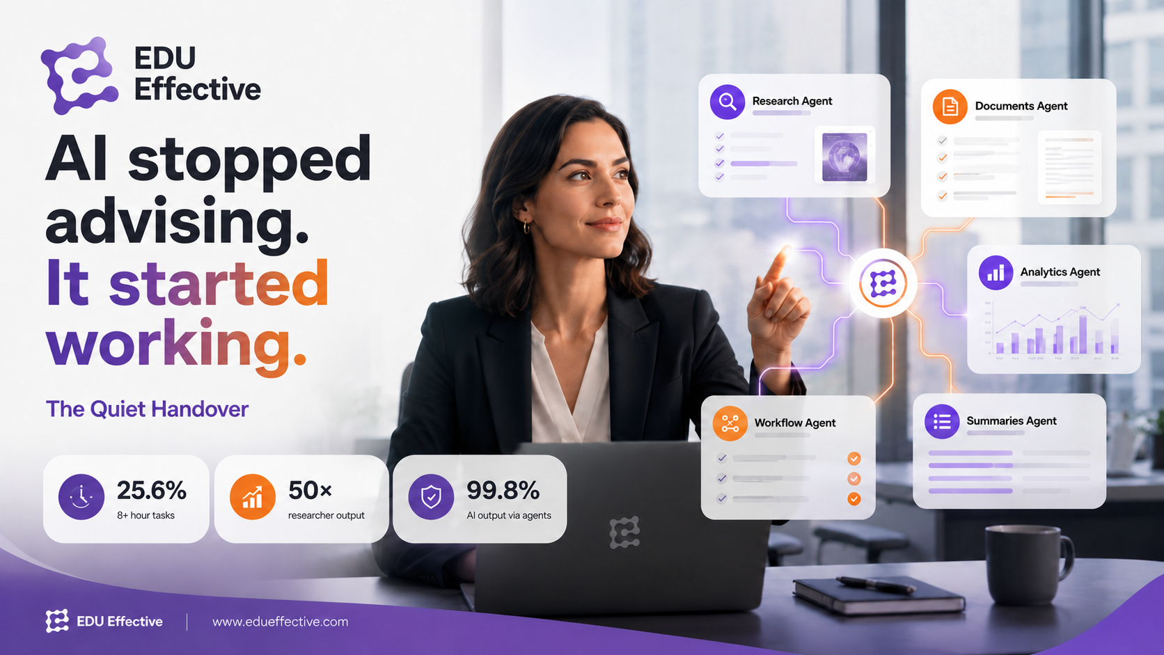 Knowledge worker directing multiple AI agents — the shift from consultation to delegated production