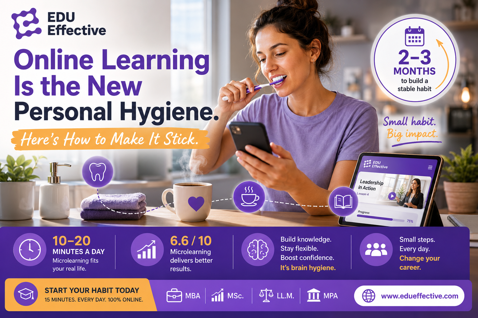 Person building a daily microlearning habit on their phone during a morning coffee break